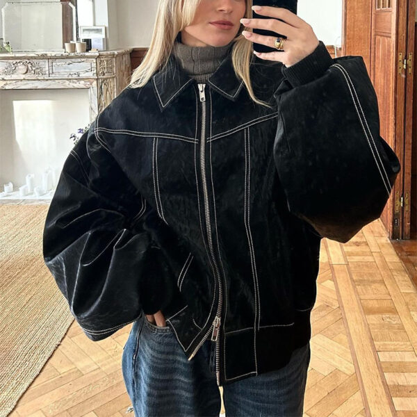 Loose Fashion Lapel Zip-up Jacket Cool Long Sleeve Zipper Closure Moto Biker Leather Jacket Womens Clothing - Image 7
