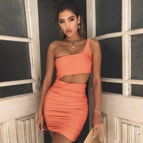 Slim One-shoulder Short Dress Sexy Fashion Hollow Mini Dresses For Women - Image 3