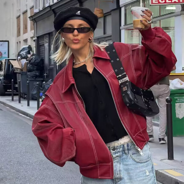 Loose Fashion Lapel Zip-up Jacket Cool Long Sleeve Zipper Closure Moto Biker Leather Jacket Womens Clothing - Image 2